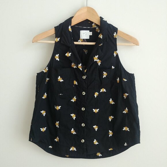 HD in Paris black embroidered bee cotton sleeveless button up blouse top size 2 - Picture 1 of 13